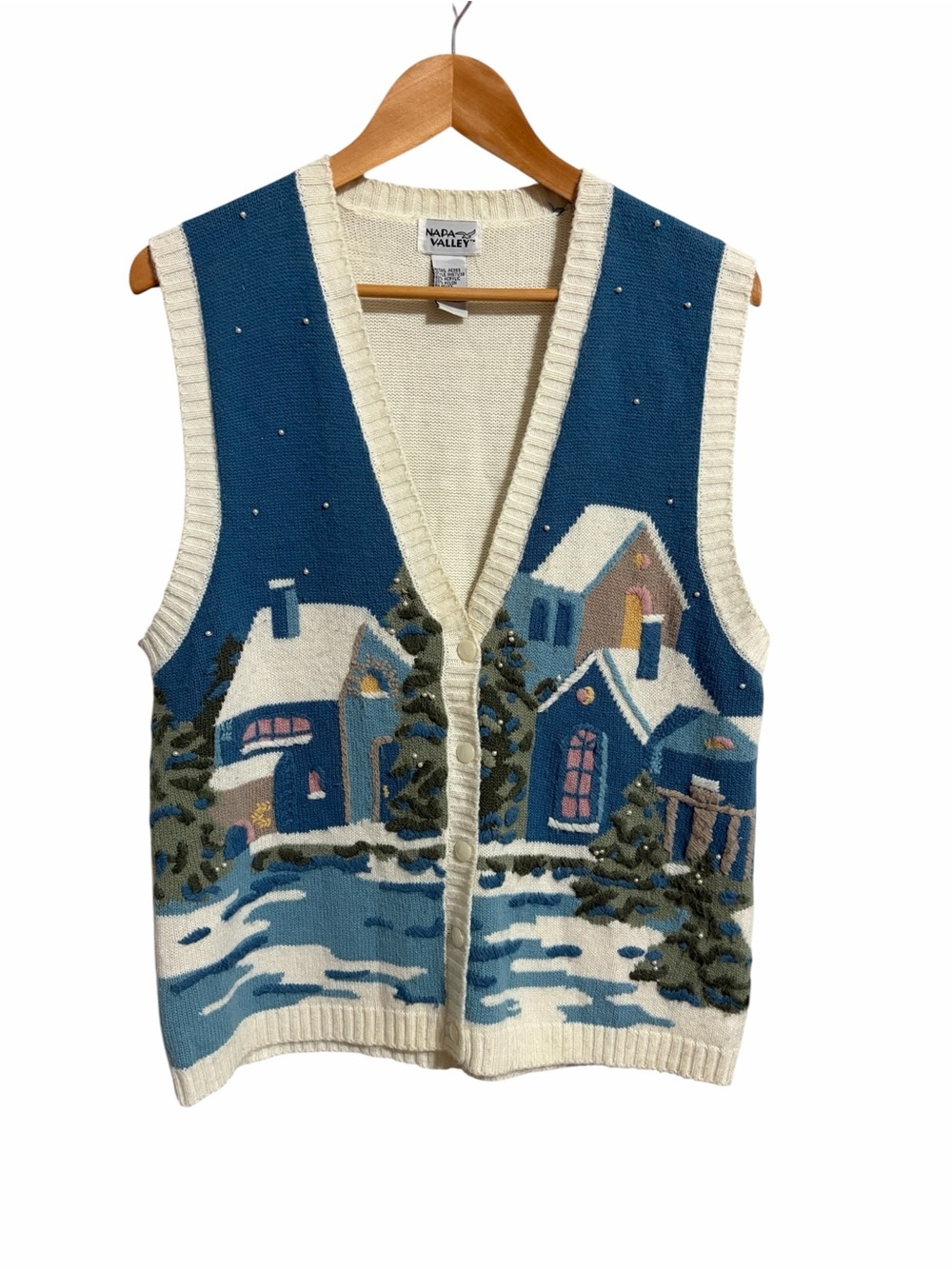 Napa Valley Blue Winter Village Knit Vest Christmas Holiday Cottagecore SZ M